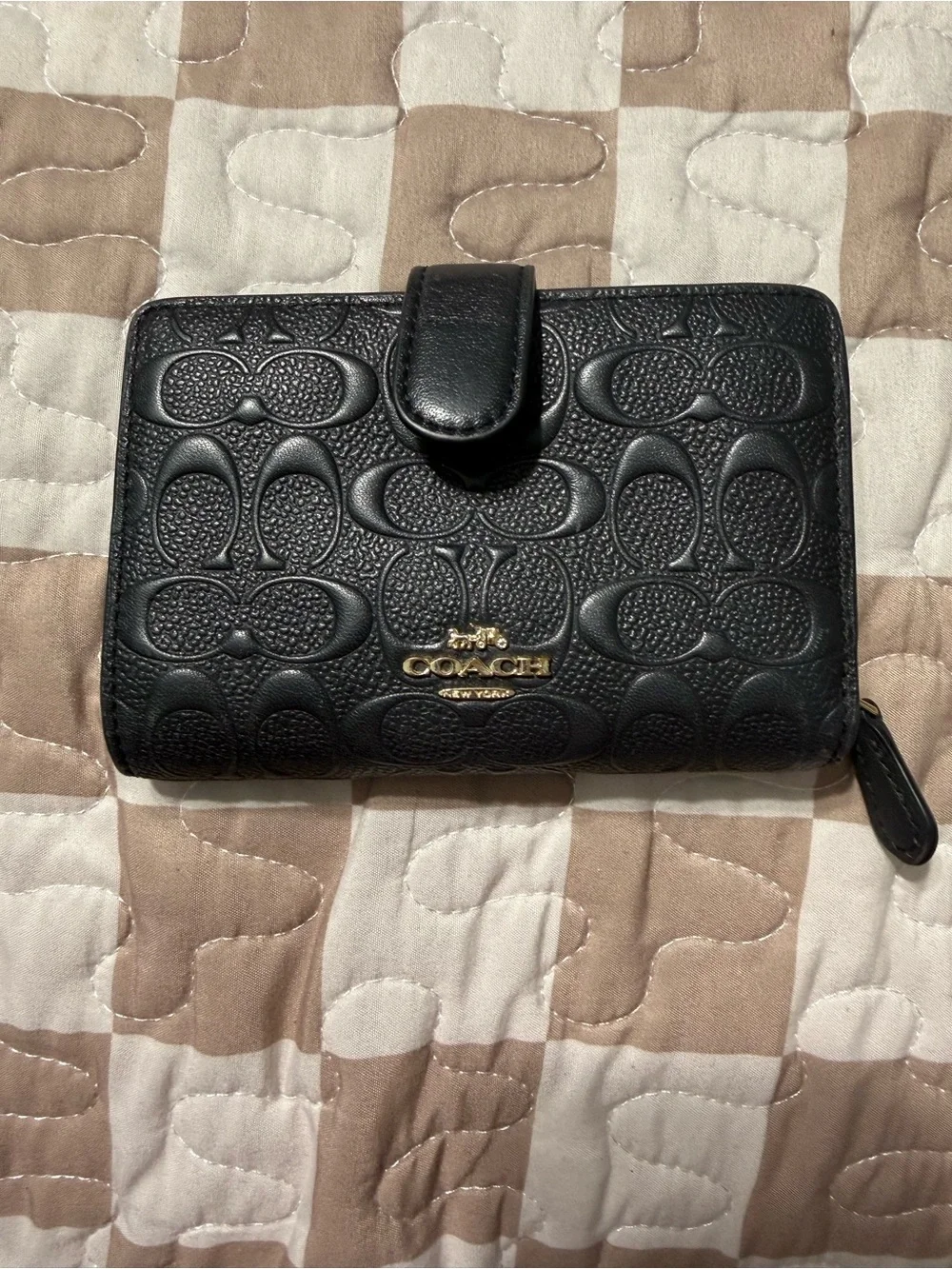 Coach Black Embossed Signature Leather Wallet with Gold Logo
